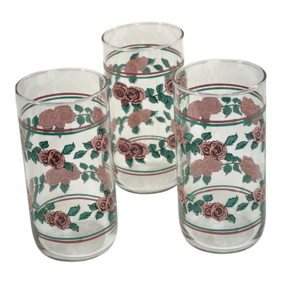Vintage 80s Libbey Pink Rose Floral Tumblers Set of 3 Glasses 6" Tea Juice